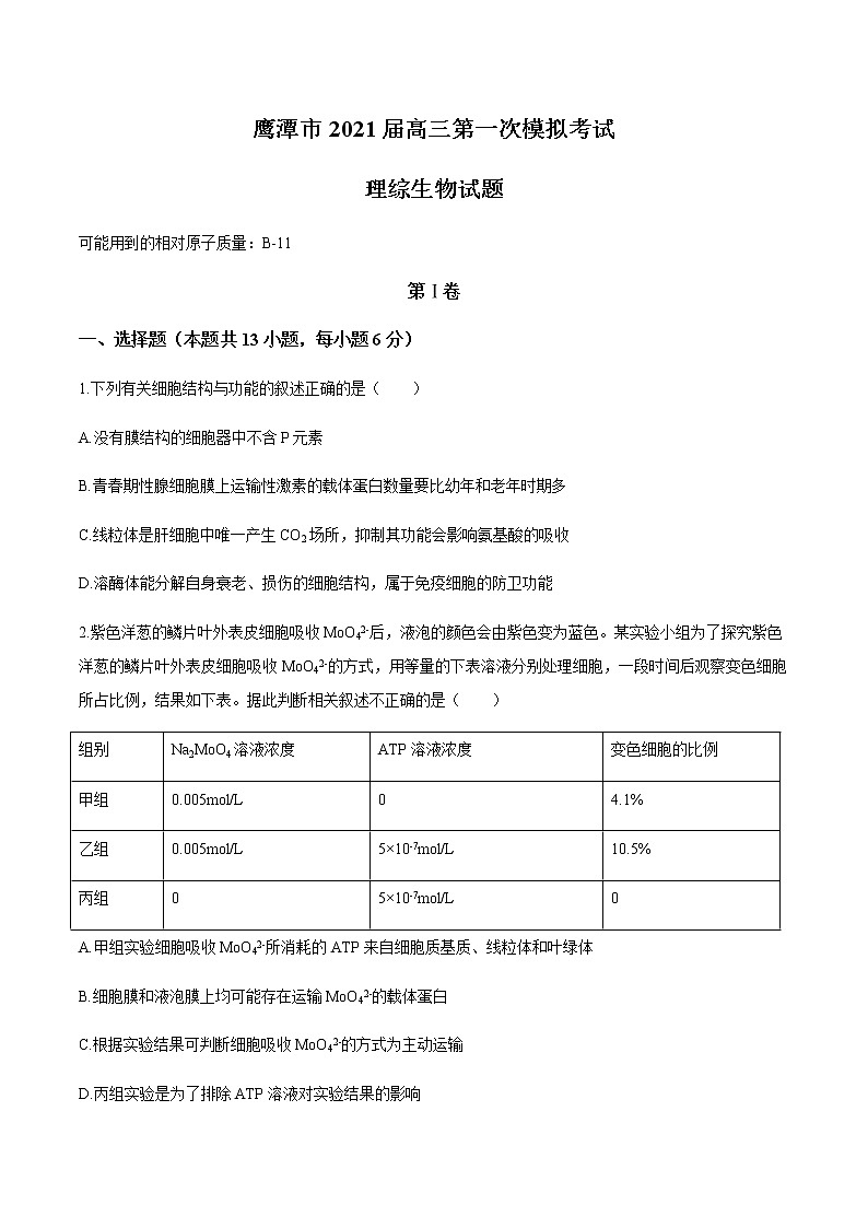2021鹰潭高三下学期3月第一次模拟考试理科综合生物试题含答案第1页