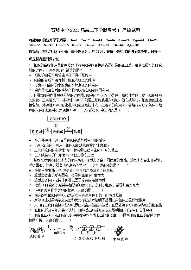 2021江西省石城中学高三下学期周考（一）理综生物试卷含答案第1页
