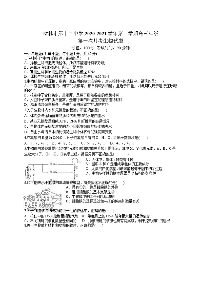 陕西省榆林市第十二中学2021届高三上学期第一次月考生物试题第1页