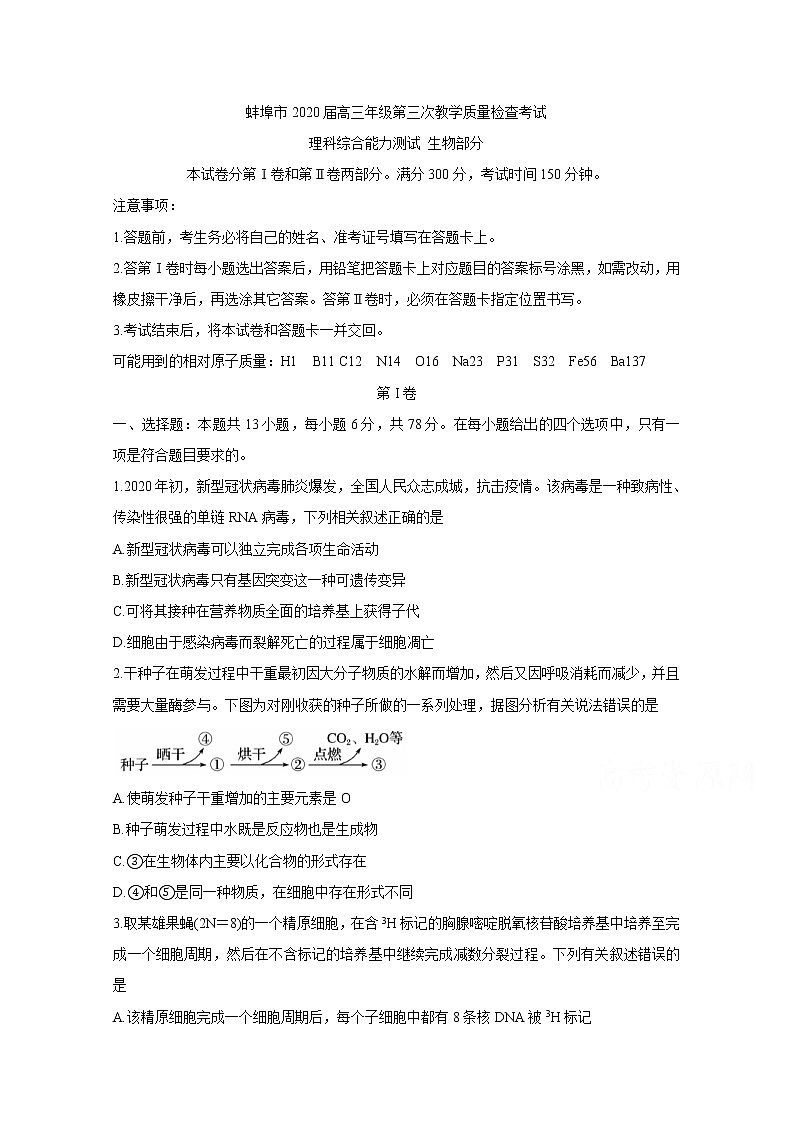 2020蚌埠高三下学期第三次教学质量检查考试生物含答案01