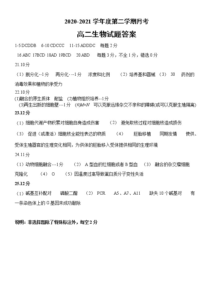 2021锦州辽西育明高级中学高二下学期第一次月考生物试题扫描版含答案01