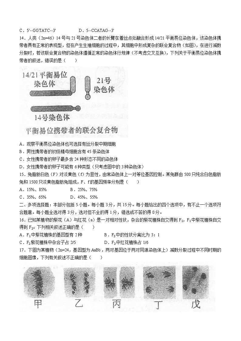2021泰州中学高一下学期期末考试生物试题含答案03