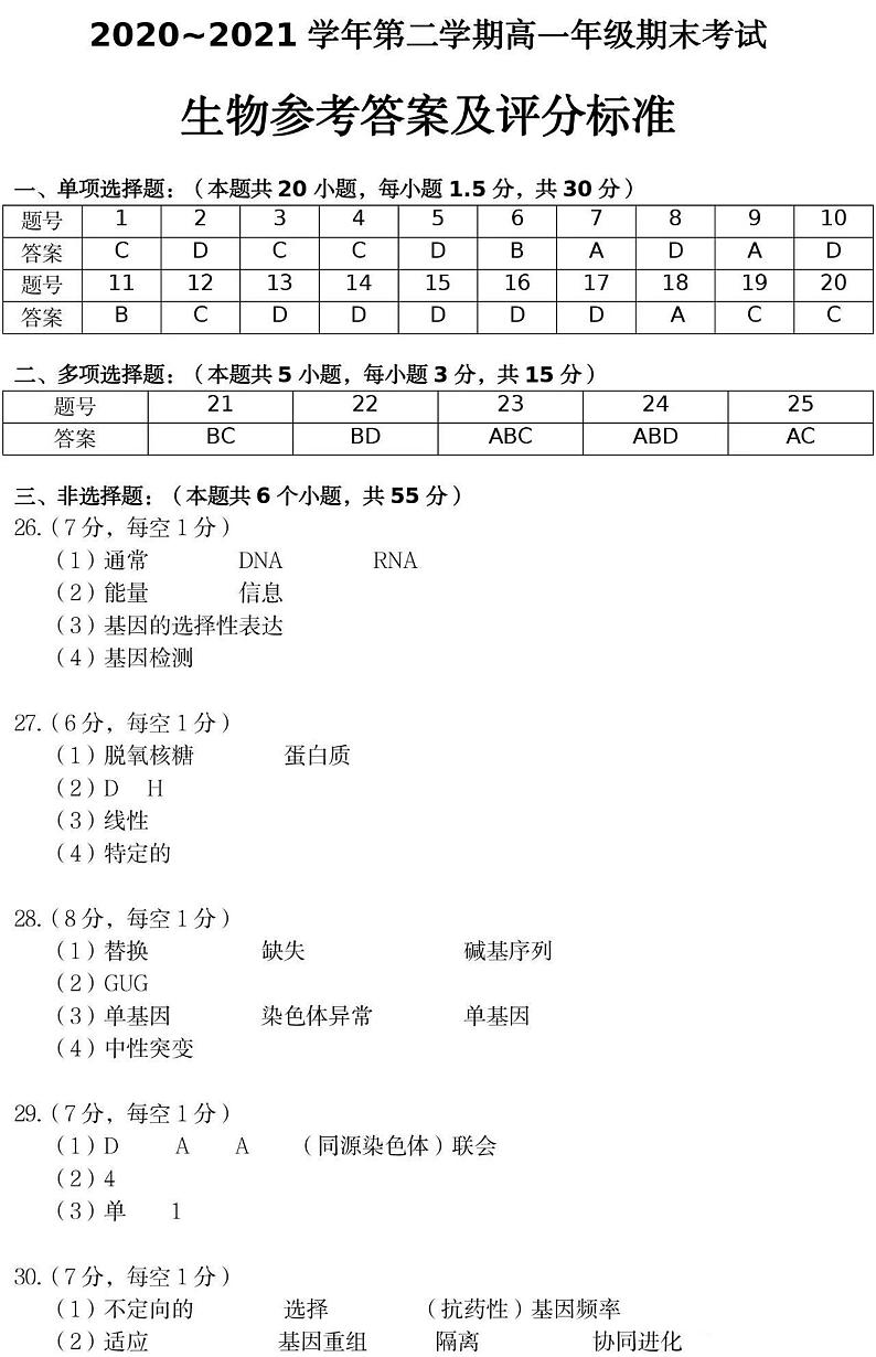 2021太原高一下学期期末考试生物试题扫描版含答案01