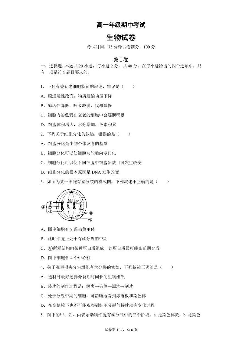 湖北省黄石市有色一中2020-2021学年高一下学期期中考试生物试题（PDF可编辑）第1页