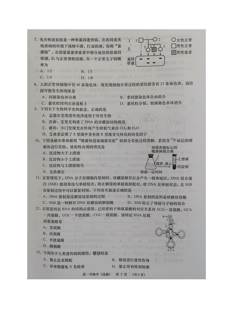 2021如皋高一下学期第二次调研考试生物（选修）试题扫描版含答案第2页