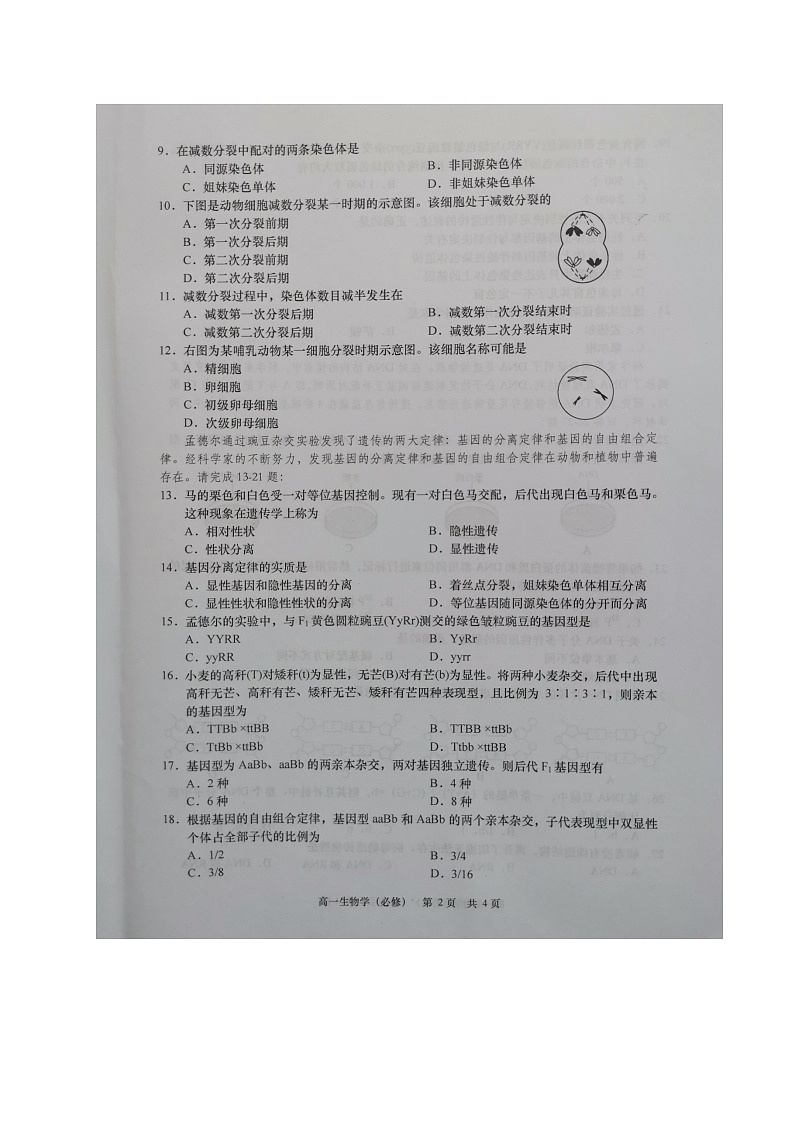 2021如皋高一下学期第二次调研考试生物（必修）试题扫描版含答案02