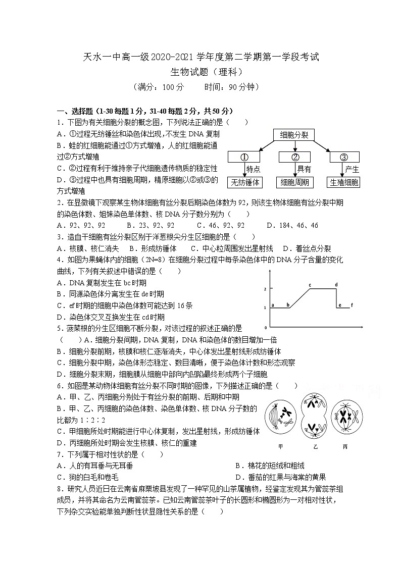 2021天水一中高一下学期第一阶段考试生物（理）试题含答案01