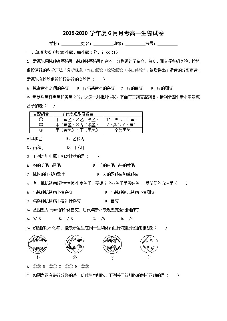 2020锦州凌海三中高一6月月考生物试题含答案01