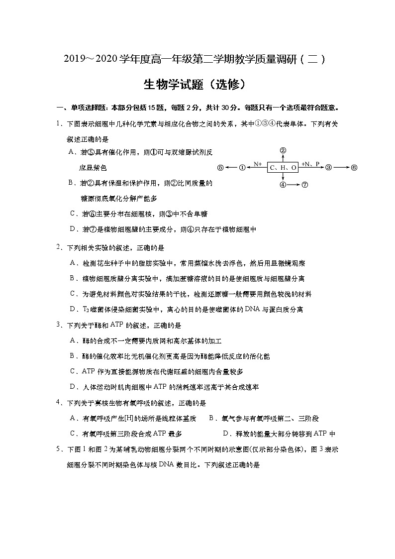 2020如皋高一下学期教学质量调研（二）生物试题（选修）含答案01