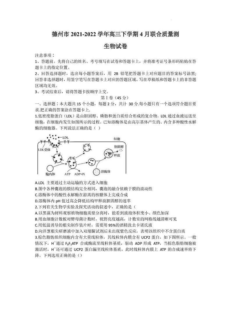2022届山东省德州市高三下学期4月联合质量测生物试卷（PDF含答案）01
