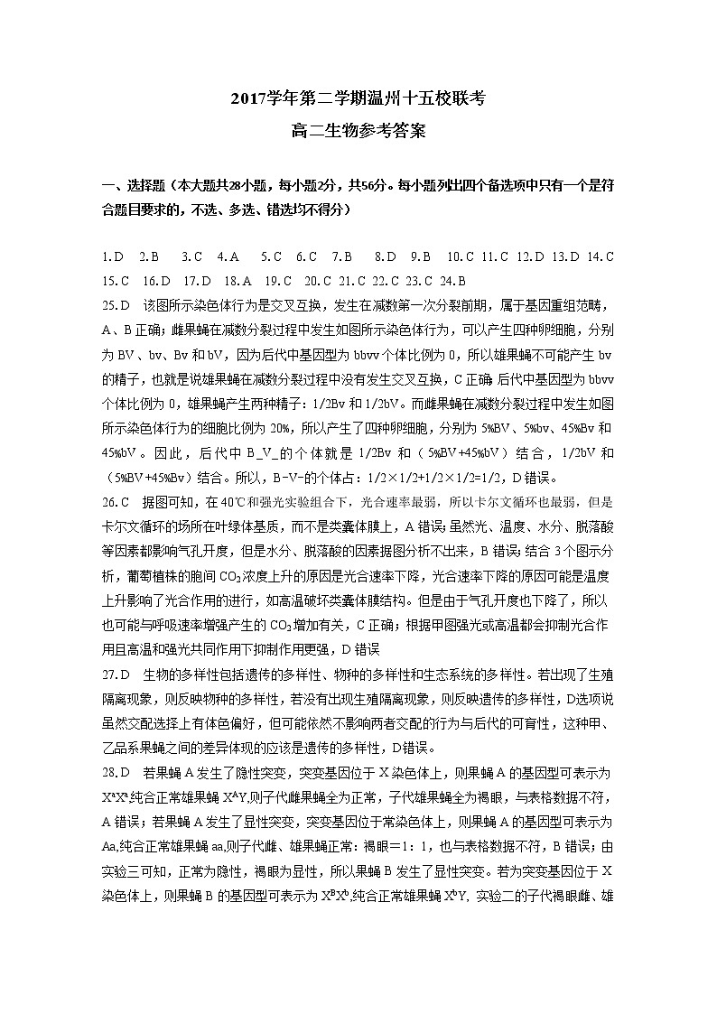2017-2018学年浙江省温州市十五校联合体高二下学期期末联考生物试题 PDF版01