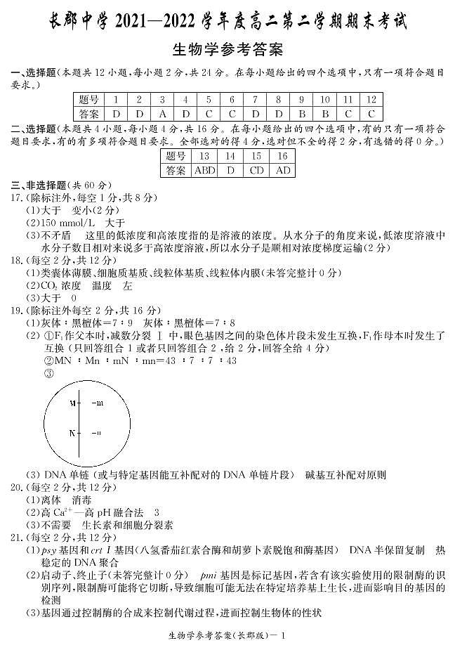 2022长沙长郡中学高二下学期期末考试生物含答案01