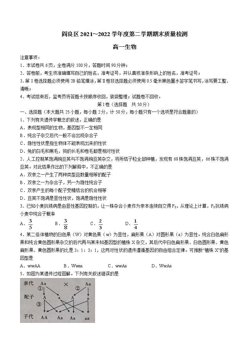 陕西省西安市阎良区2021-2022学年高一下学期期末质量检测生物试题（含答案）01