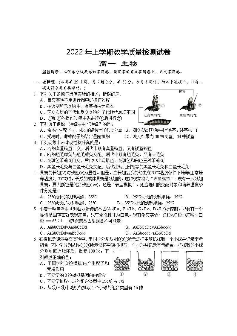 湖南省岳阳市临湘市2021-2022学年高一下学期期末教学质量检测生物试题（含答案）01