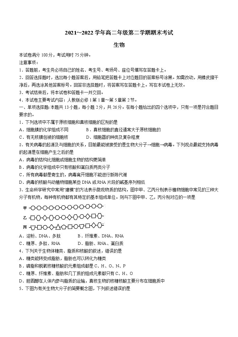 河北省保定市2021-2022学年高二下学期期末生物试题（含答案）01