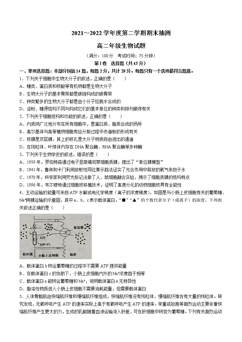 江苏省徐州市2021-2022学年高二下学期期末生物试题（Word版含答案）01