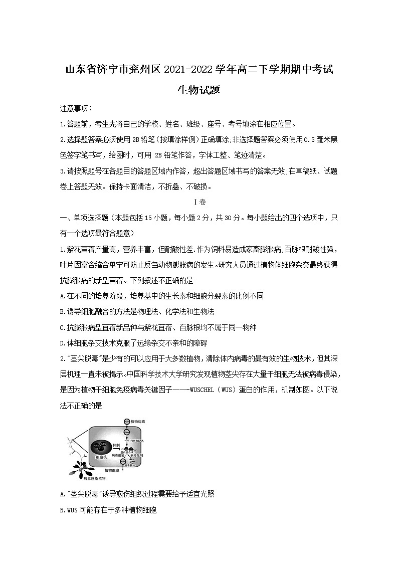 2021-2022学年山东省济宁市兖州区高二下学期期中考试生物试题含答案01