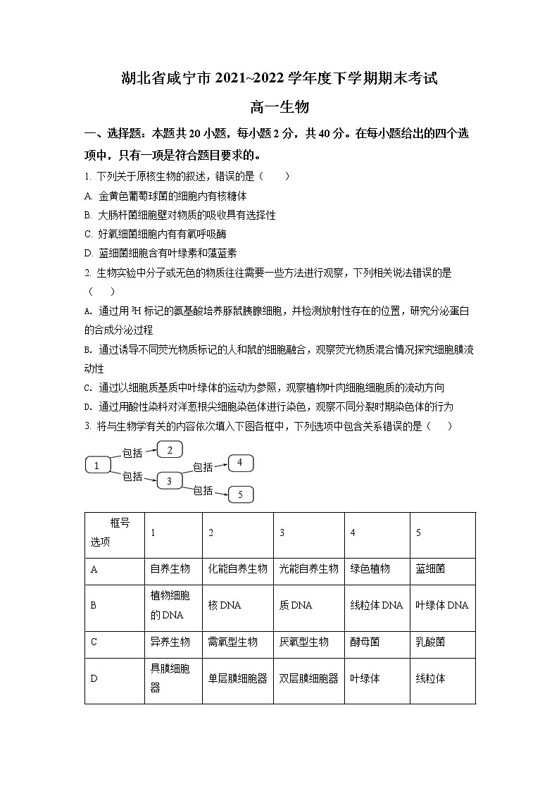 2022咸宁高一下学期期末考试生物试卷（含详解）01