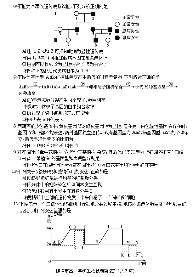 2022蚌埠高一下学期期末考试生物含答案02