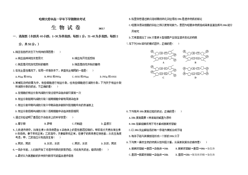 2022年哈师大附中高一下学期期末考试生物试卷含答案01