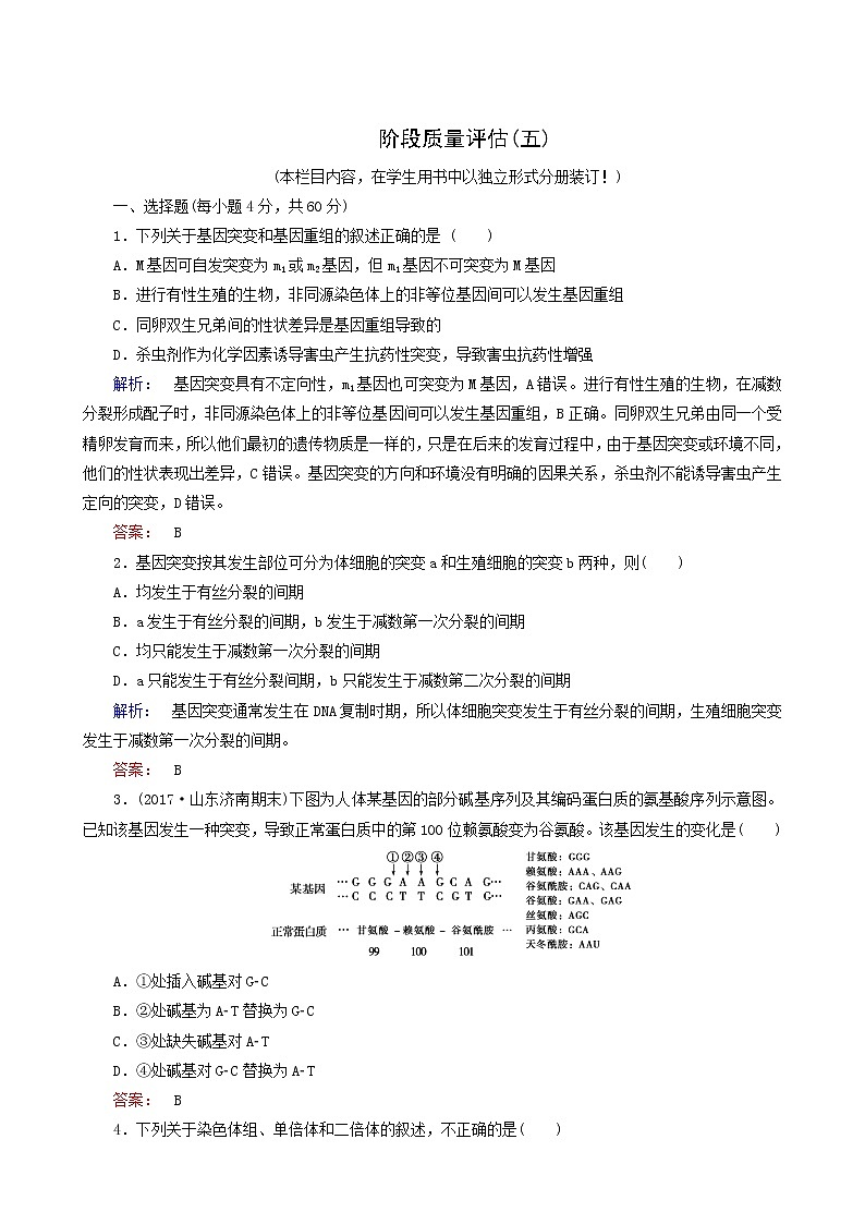 人教版高中生物必修2第5章基因突变及其他变异阶段质量评估5含答案第1页