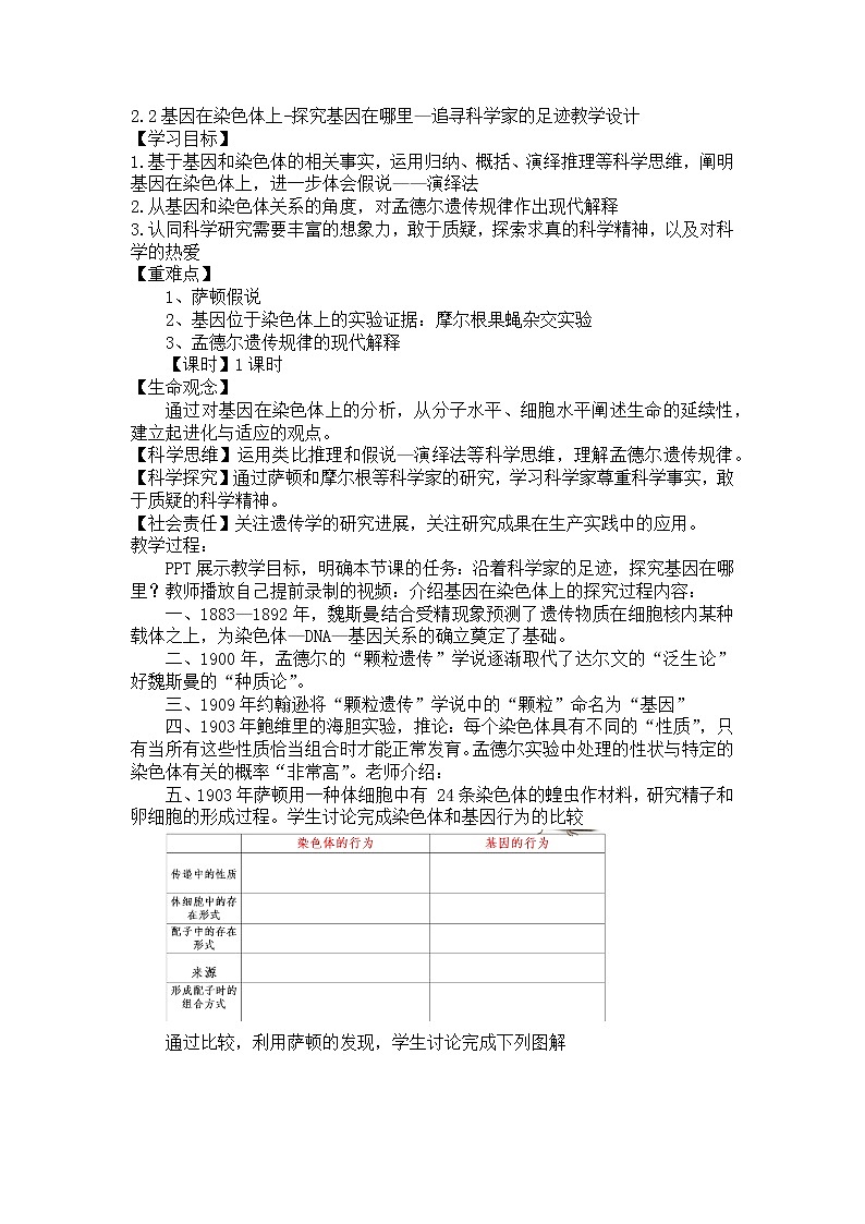 2.2基因在染色体上  教学设计--高一下学期生物人教版必修2第1页
