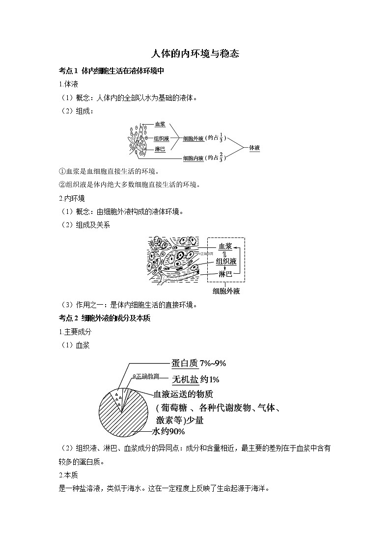 高考生物一轮复习  知识归纳人体的内环境与稳态第1页