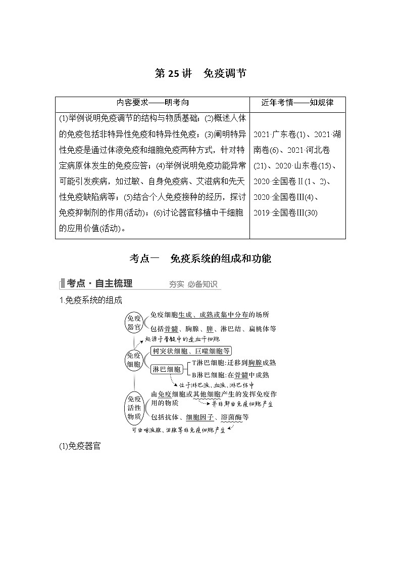 2023版创新设计高考生物（新教材人教版）总复习一轮讲义第25讲 免疫调节第1页