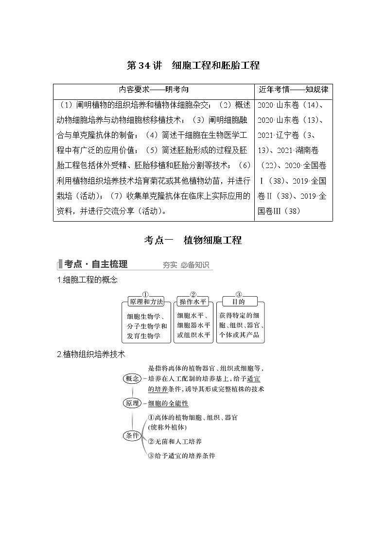 2023版创新设计高考生物（新教材人教版）总复习一轮讲义第34讲 细胞工程和胚胎工程第1页