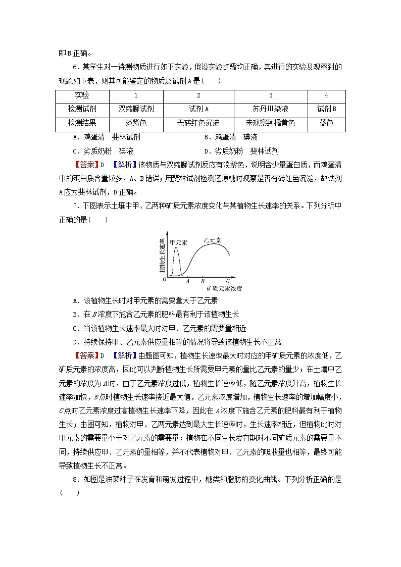 2023版高考生物一轮总复习第1单元走近细胞组成细胞的分子第2讲细胞中的元素和化合物细胞中的无机物课后提能演练第3页