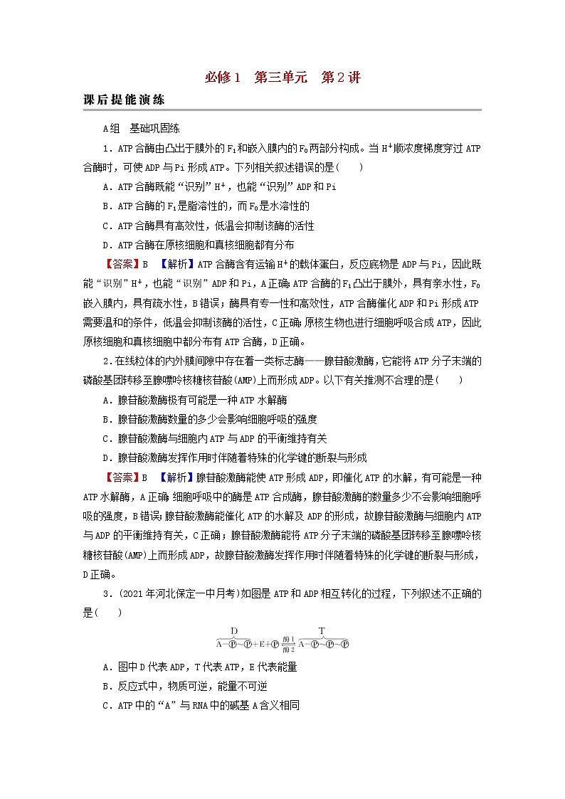 2023版高考生物一轮总复习第3单元细胞的能量供应和利用第2讲细胞的能量“货币”ATP细胞呼吸的原理和应用课后提能演练第1页
