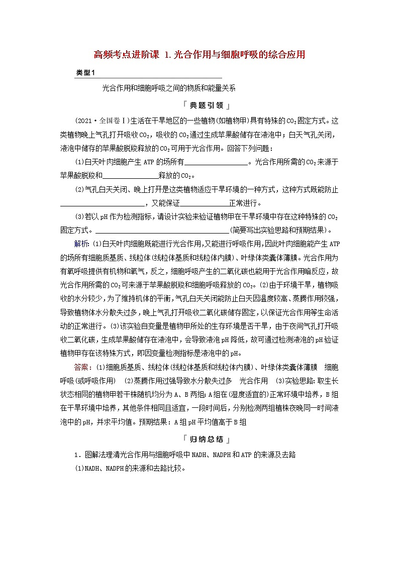 2023版高考生物一轮总复习第3单元细胞的能量供应和利用高频考点进阶课1.光合作用与细胞呼吸的综合应用教师用书01