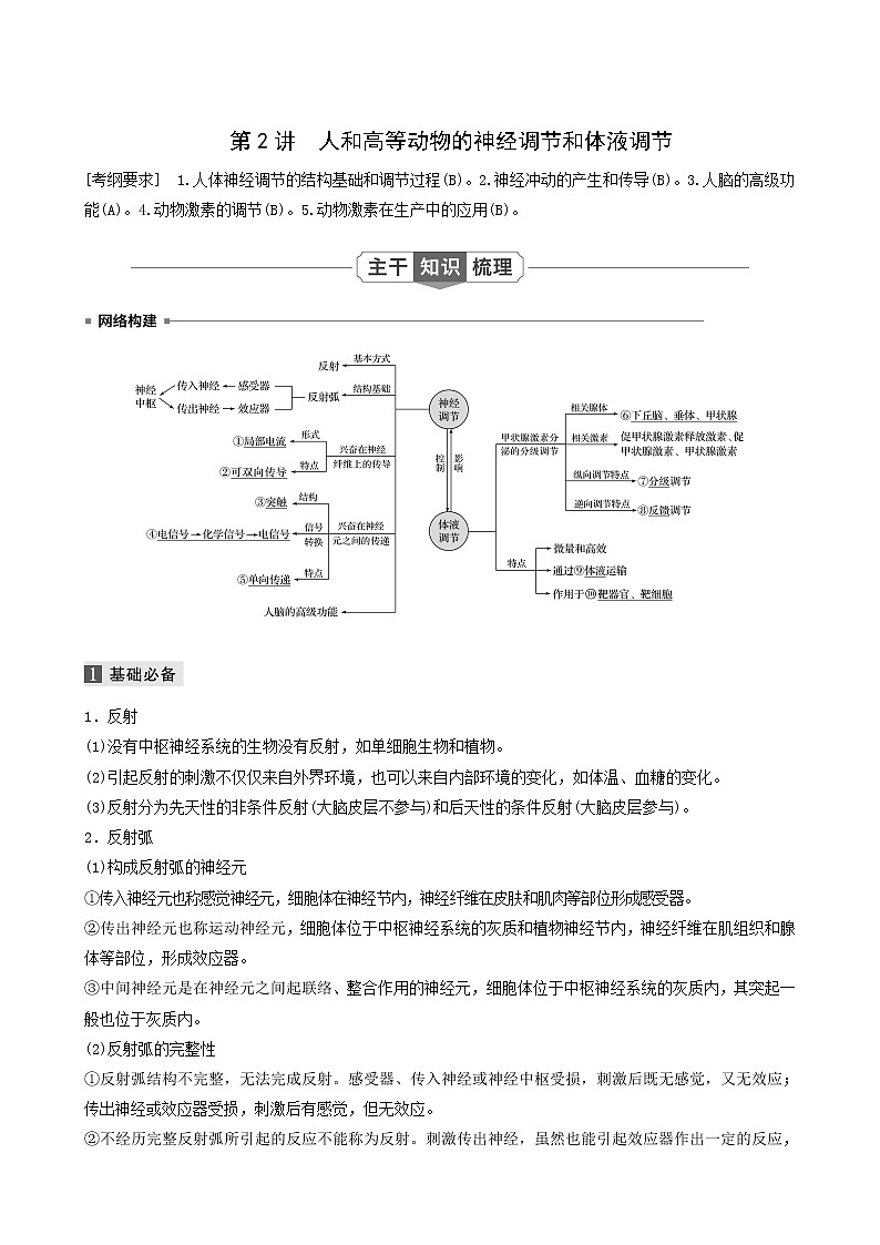 高考生物二轮复习专题4生命活动的调节第2讲人和高等动物的神经调节和体液调节学案含答案第1页