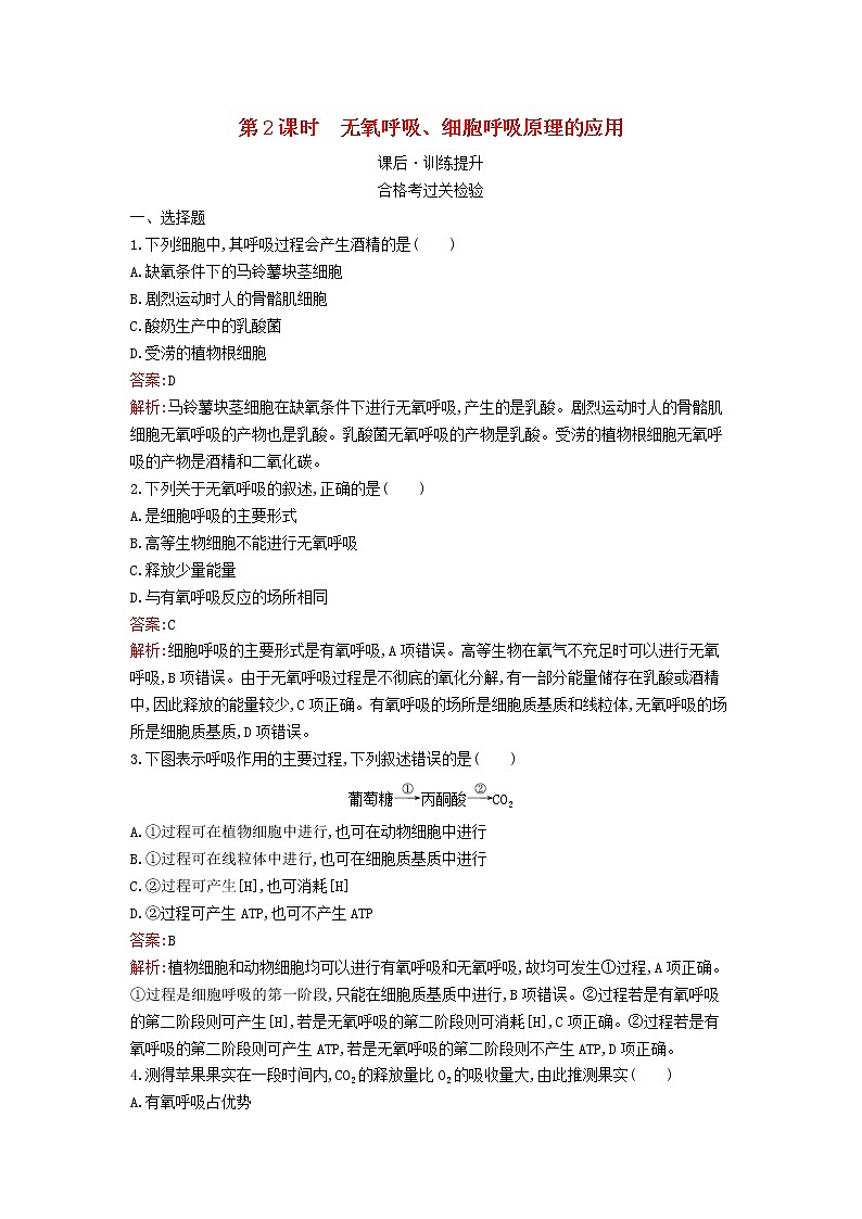 新教材高中生物第5章细胞的能量供应和利用第3节细胞呼吸的原理和应用第2课时无氧呼吸细胞呼吸原理的应用课后习题新人教版必修101