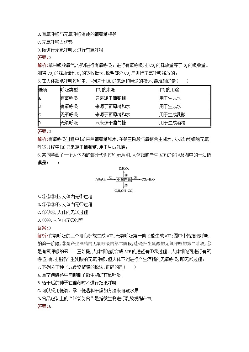 新教材高中生物第5章细胞的能量供应和利用第3节细胞呼吸的原理和应用第2课时无氧呼吸细胞呼吸原理的应用课后习题新人教版必修102