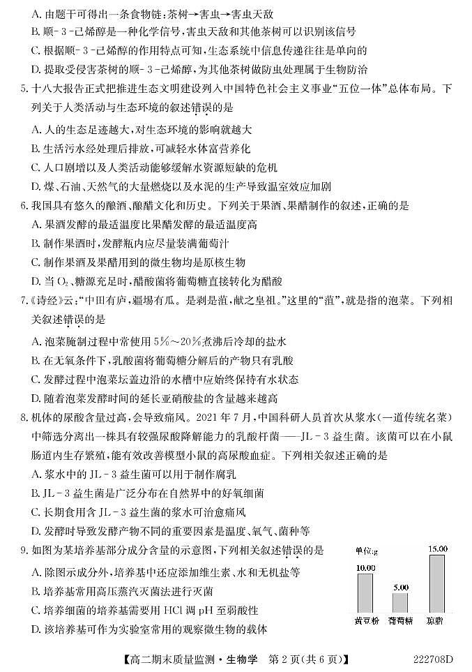 2021-2022学年湖北省鄂州市高二下学期期末质量监测生物试题PDF版含答案第2页