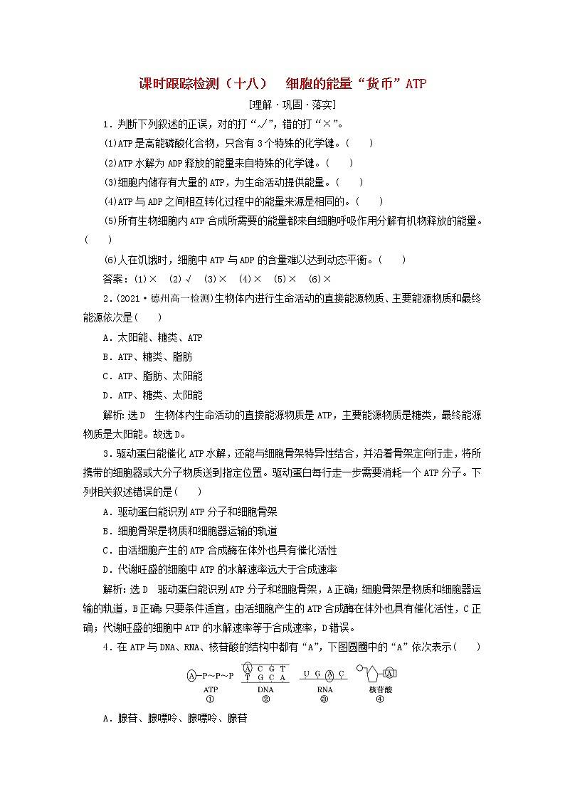 2022新教材高中生物课时跟踪检测十八细胞的能量“货币”ATP新人教版必修101