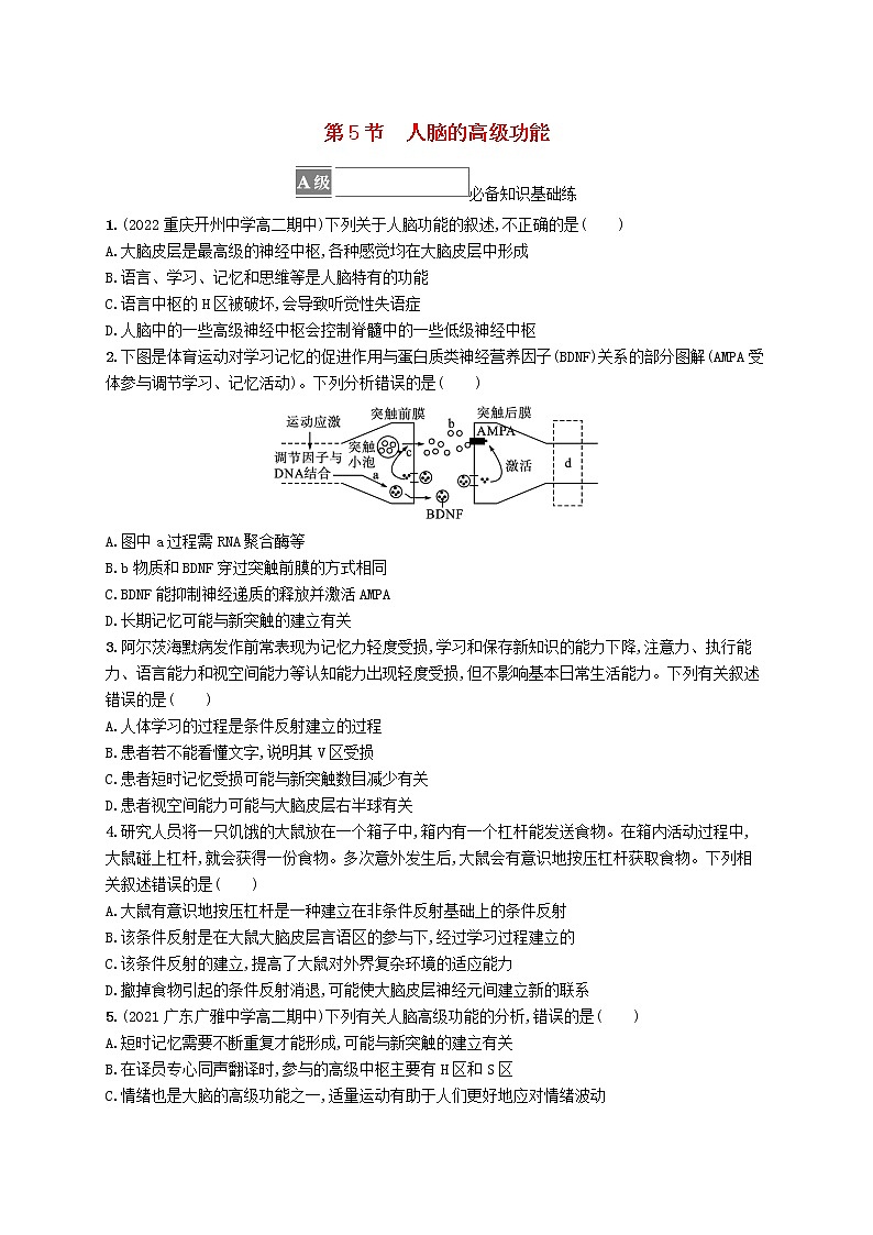 2022_2023学年新教材高中生物第2章神经调节第5节人脑的高级功能课后习题新人教版选择性必修1第1页