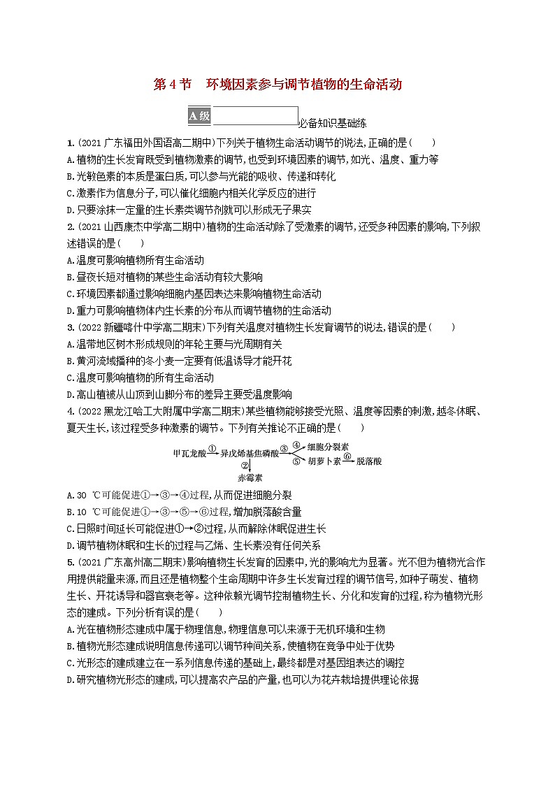 2022_2023学年新教材高中生物第5章植物生命活动的调节第4节环境因素参与调节植物的生命活动课后习题新人教版选择性必修101