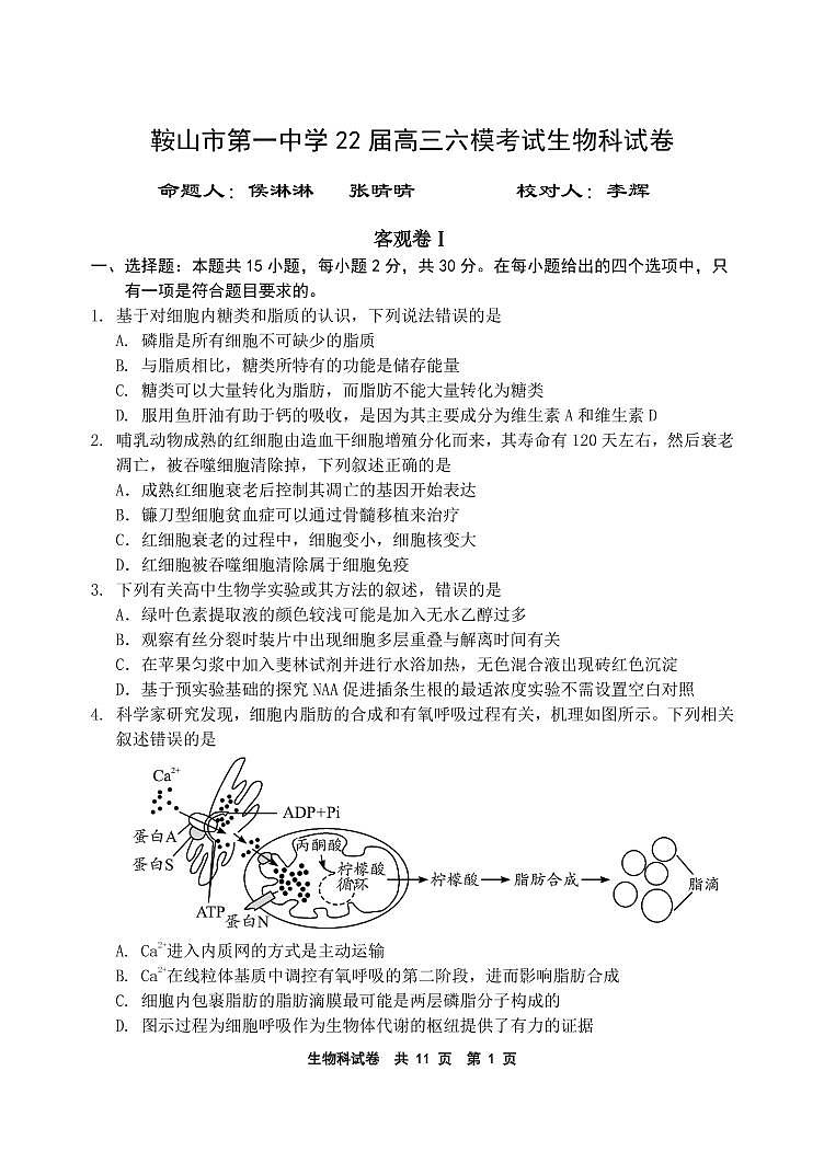 辽宁省鞍山市第一中学2022届高三第六次模拟考试-生物试题第1页