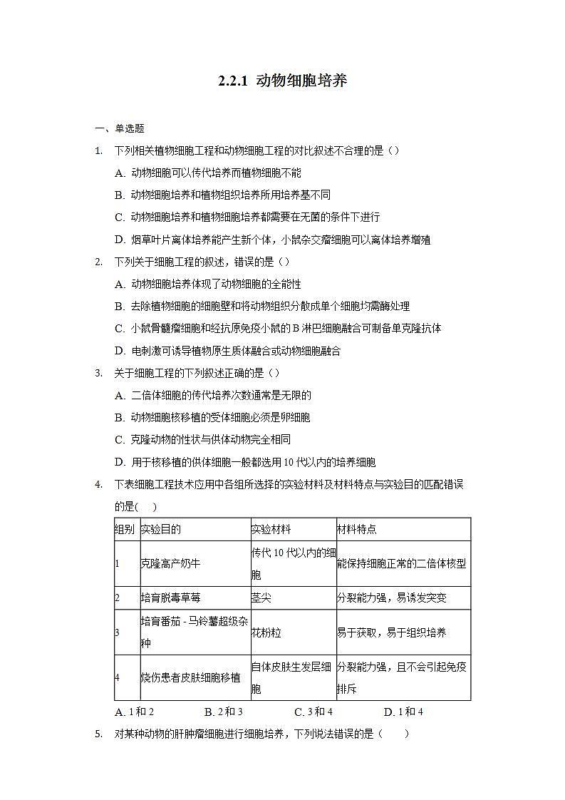 2.2.1 动物细胞培养 (备作业）-【上好课】2021-2022学年高二生物同步备课系列（人教版2019选择性必修3）（原卷版）第1页