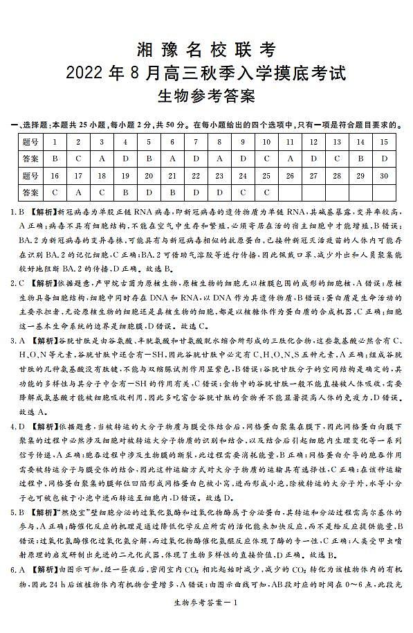 湘豫名校联考2023届高三8月入学摸底考试 生物试题及答案01