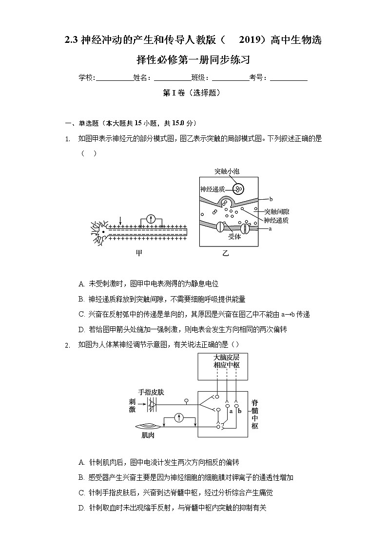 2.3神经冲动的产生和传导   人教版（2019）高中生物选择性必修第一册同步练习（含答案解析）第1页