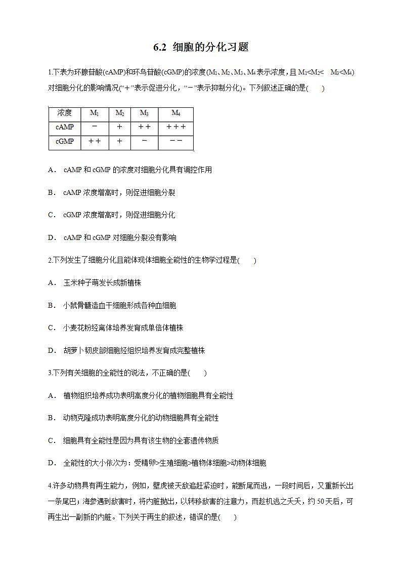 高中生物必修一 6.2 细胞的分化 练习（无答案）01