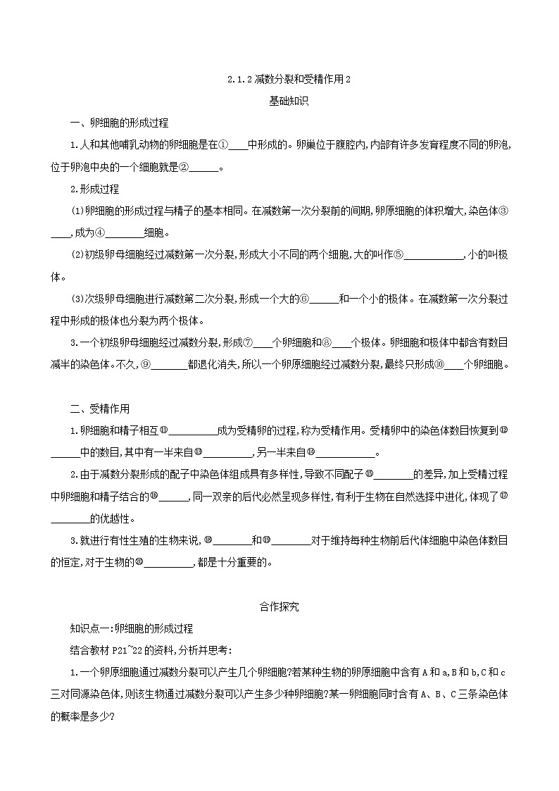 高中生物第二册 2.1.2减数分裂和受精作用2学案第1页