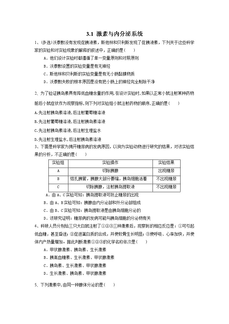 高中生物选择性必修一   3.1 激素与内分泌系统（练习）(无答案)01