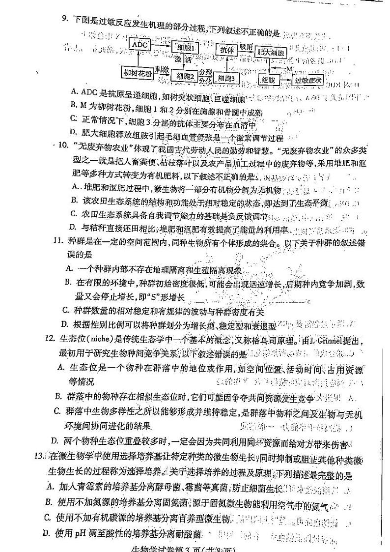 2023省哈尔滨高三上学期学业质量监测试题生物PDF版无答案第3页