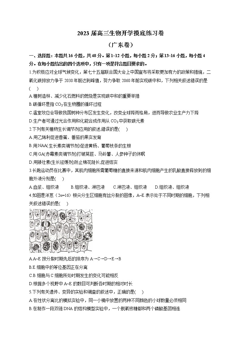 2023届高三生物开学摸底练习卷（广东卷）第1页