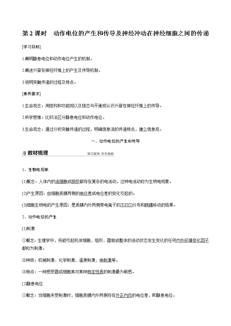 第一章人体稳态维持的生理基础  第一节　神经调节 第2课时 动作电位的产生和传导及神经冲动在神经细胞之间的传递（学案+课件）01