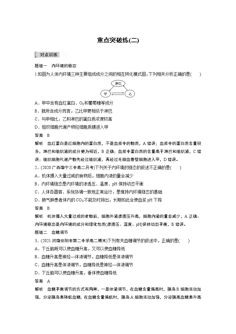 高中生物苏教版（2019）选择性必修一第二章 人体内环境与稳态 重点突破练(二)（学案+）01